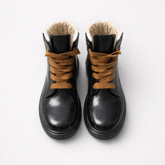 See By Chloé Shoes - See By Chloe Luxury Black Glossy Logo Rain Boots Lace Up Combat Booties Size 8
